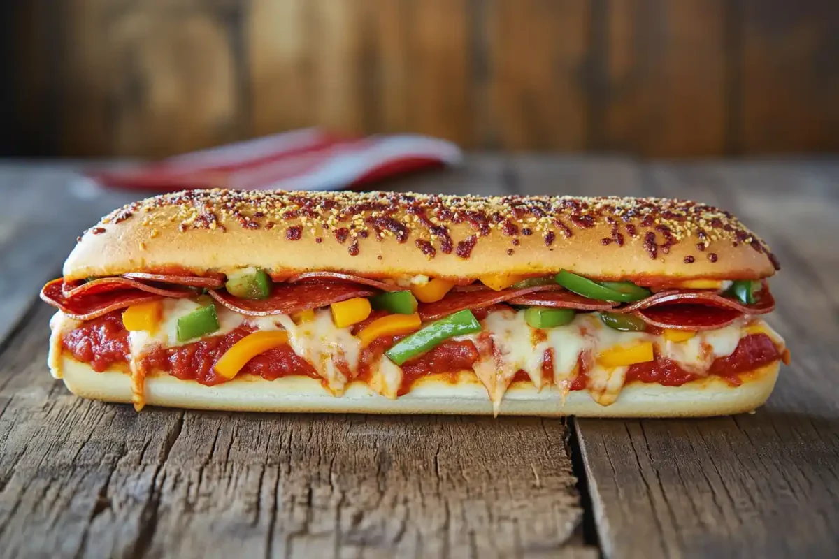 A Subway Pizza Sub sandwich with toppings and melted cheese.