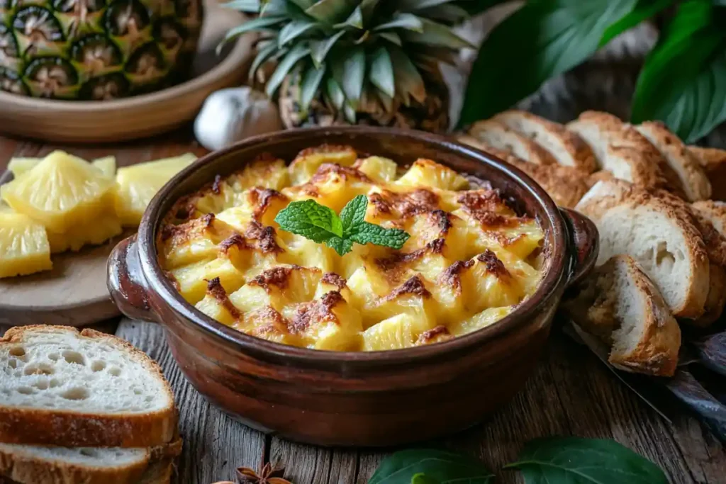 Pineapple casserole in a rustic dish with bread and pineapple slices.