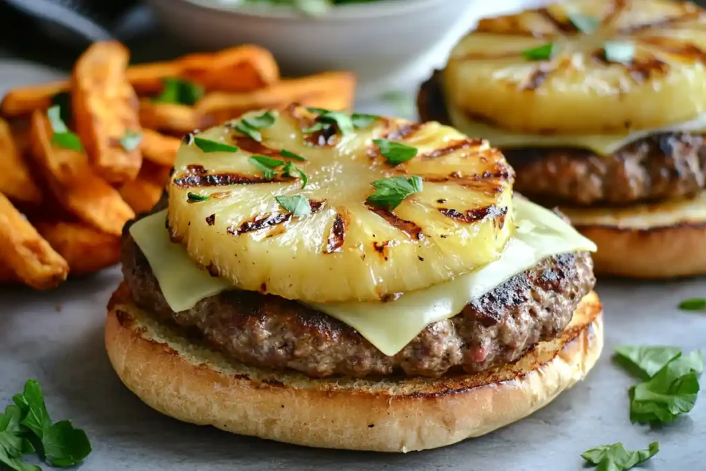 Grilled pineapple and Swiss cheese on a burger with fries.