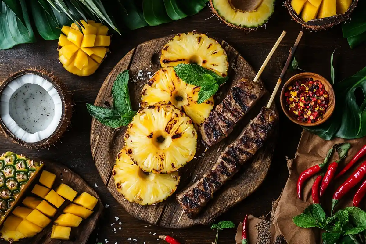 Grilled pineapple with beef skewers, mango, and chili.