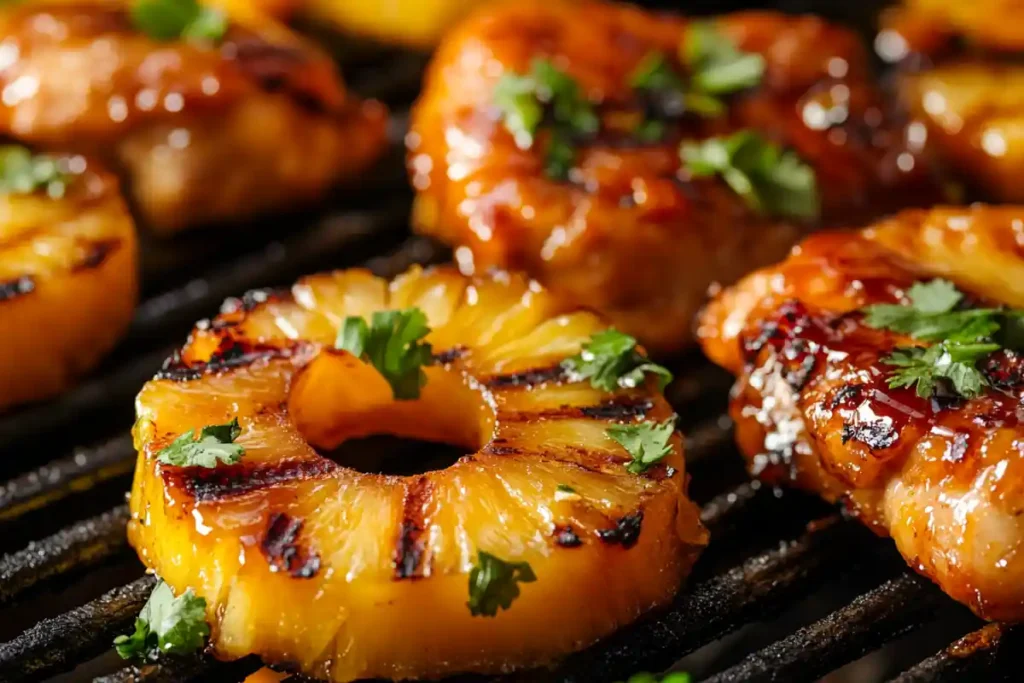 Grilled pineapple with teriyaki chicken.