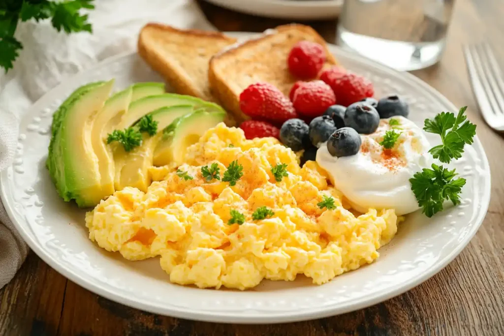 Protein-packed breakfast plate with eggs, avocado, and yogurt.