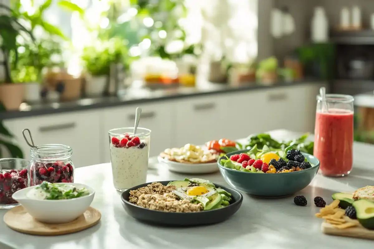 Table with high-protein breakfasts: smoothie bowls, yogurt, toast, and smoothie.