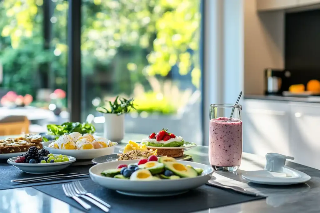 A bright breakfast table with high-protein dishes.