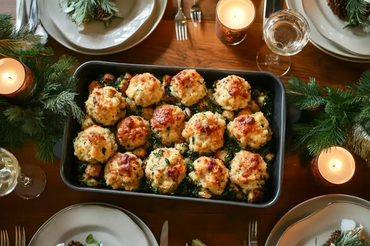 Golden-brown stuffing balls in a baking dish on a festive dining table.