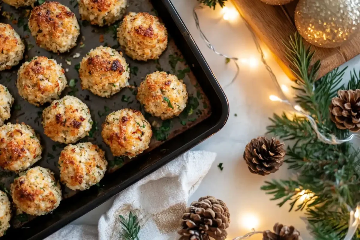 Golden-brown stuffing balls on a tray with festive holiday decor.