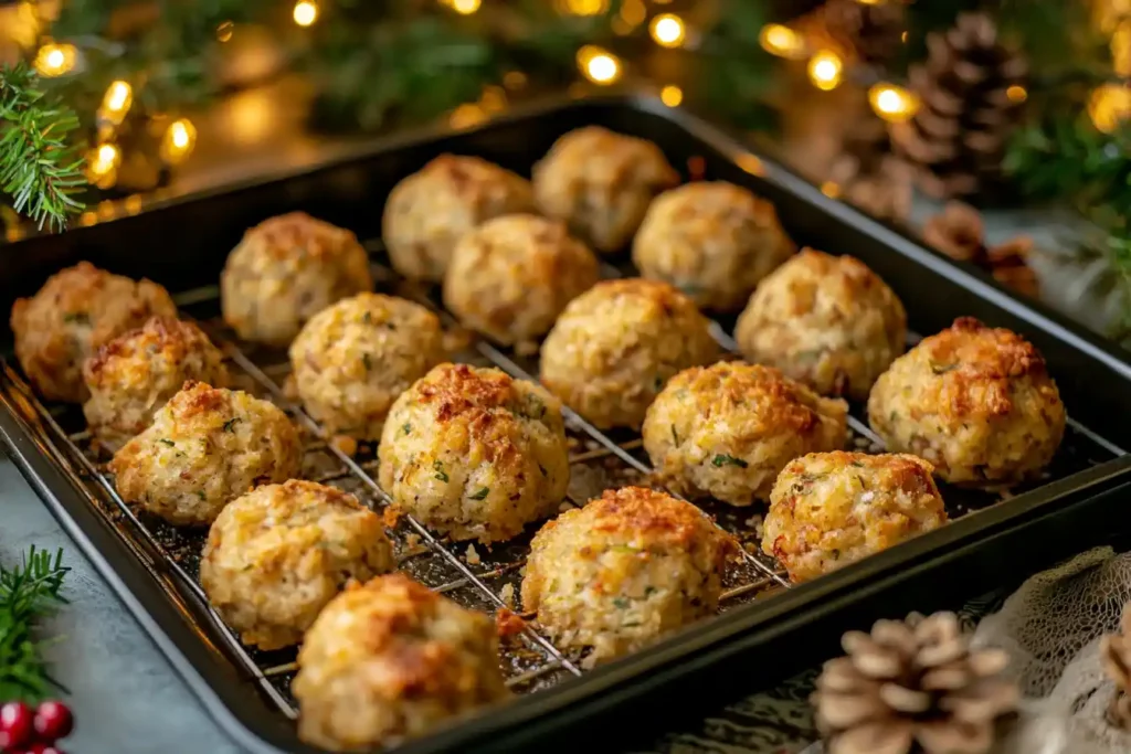 Cooked and uncooked stuffing balls on a holiday-themed tray in a cozy kitchen.