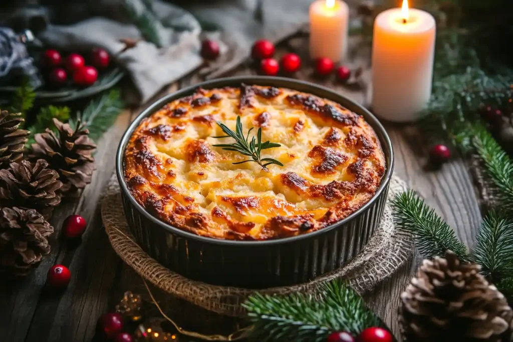 Golden-brown stuffing with holiday decor