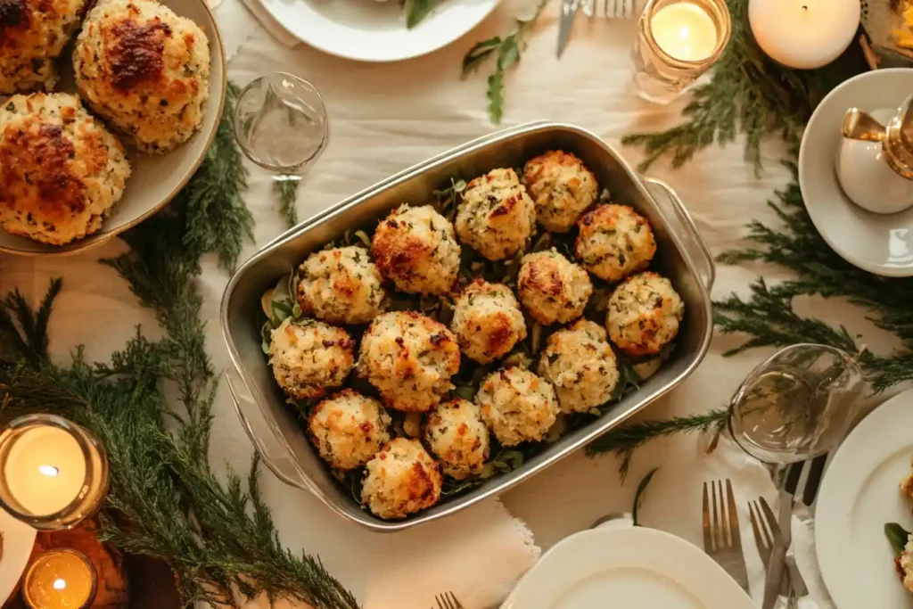 Festive holiday table with golden stuffing balls.