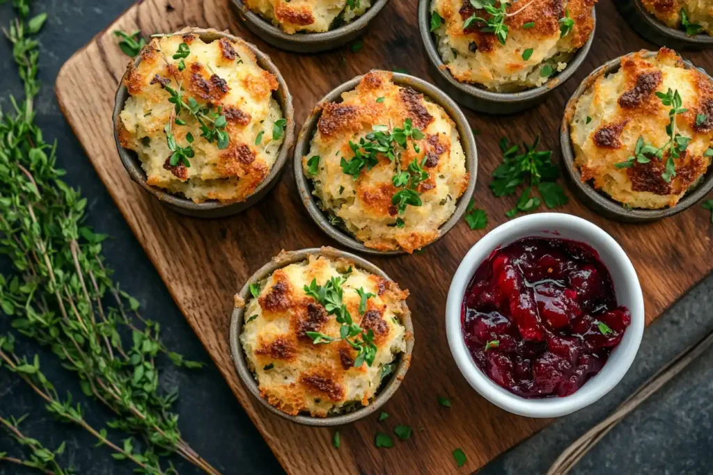 Mini stuffing portions in ramekins with cranberry sauce.