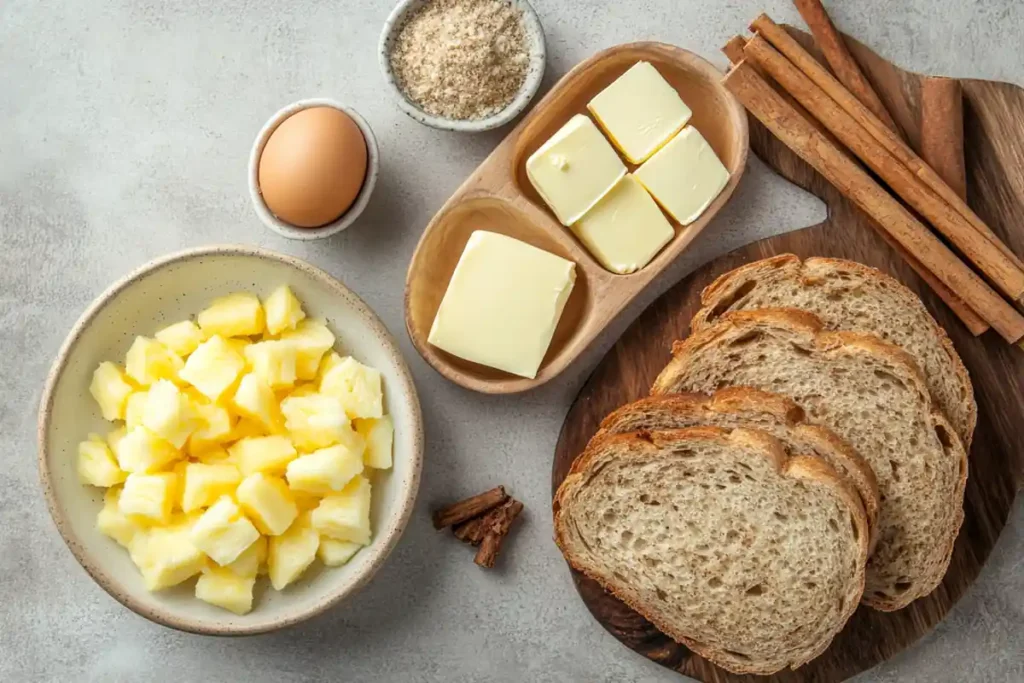 Ingredients for pineapple casserole including pineapple, bread, and eggs