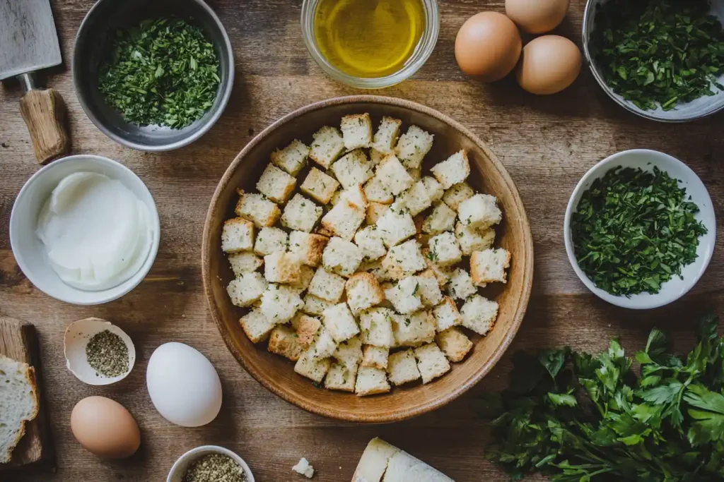 Stuffing balls ingredients on a rustic kitchen counter.