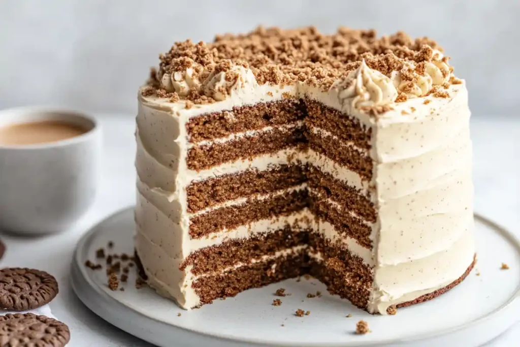 A sliced layered cookie butter cake served with coffee.