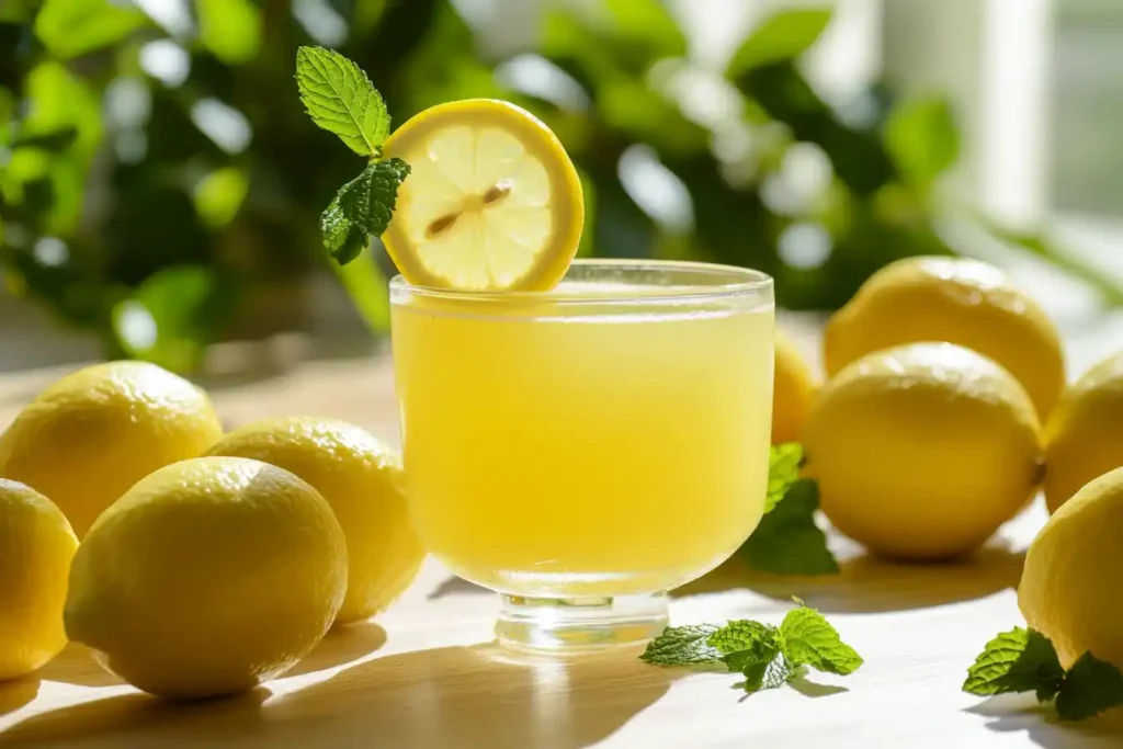 Lemon water for fat loss with fresh lemons and mint.