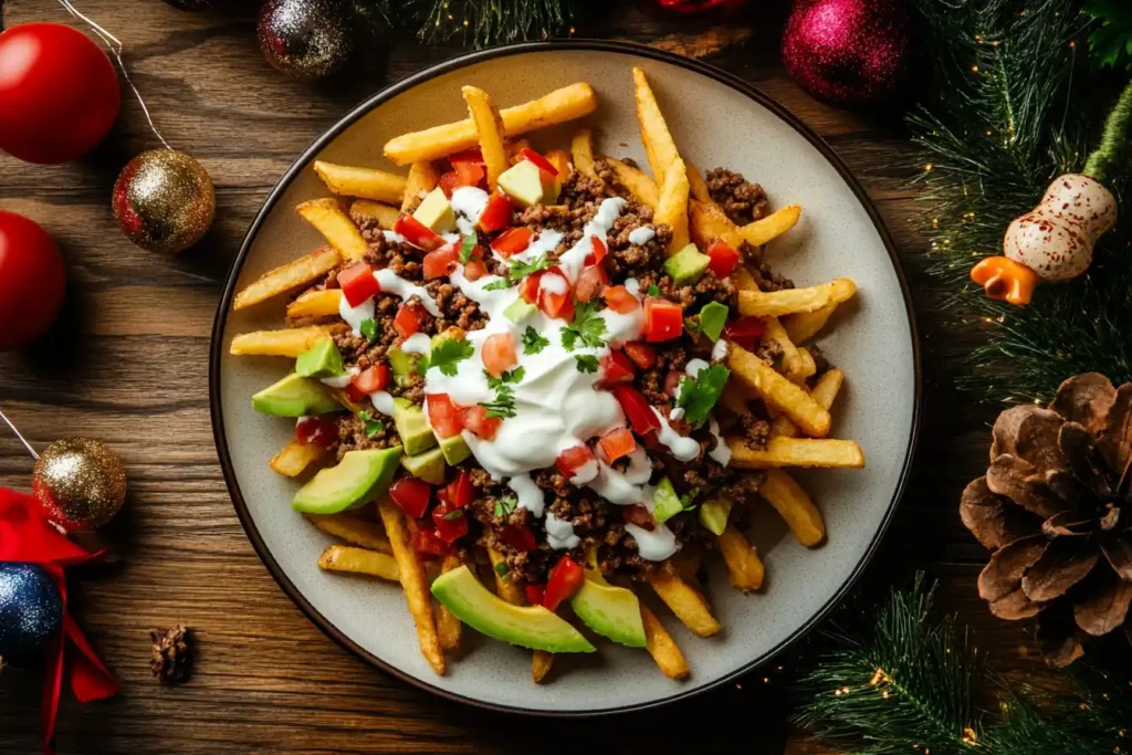 Festive papa loca with fries, beef, avocado, and sour cream.