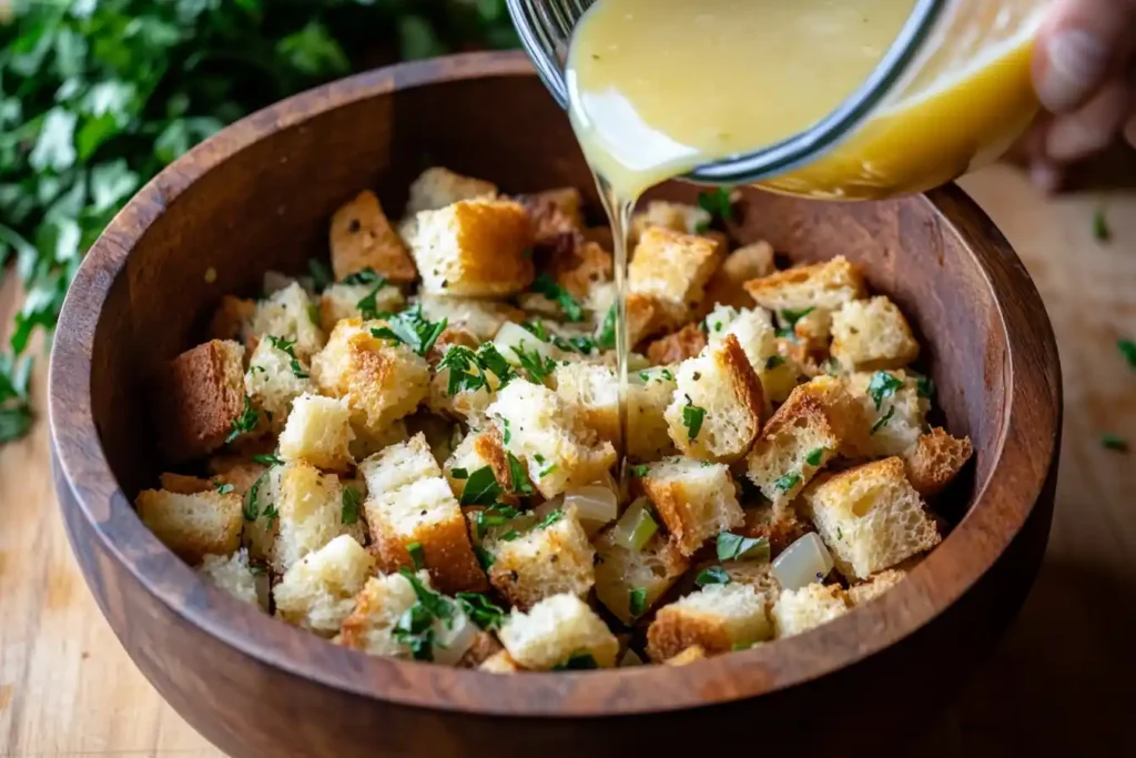 Step-by-step process of preparing stuffing with fresh ingredients.