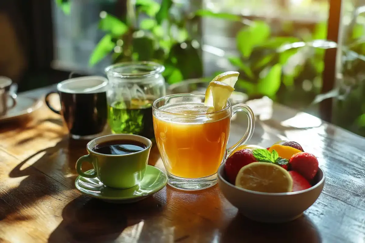 Healthy morning drinks with lemon water, green tea, black coffee, and fresh fruits.