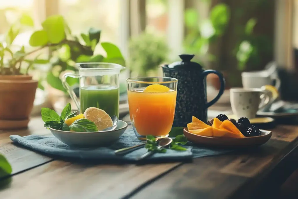 Healthy morning drinks for weight loss on a rustic table.