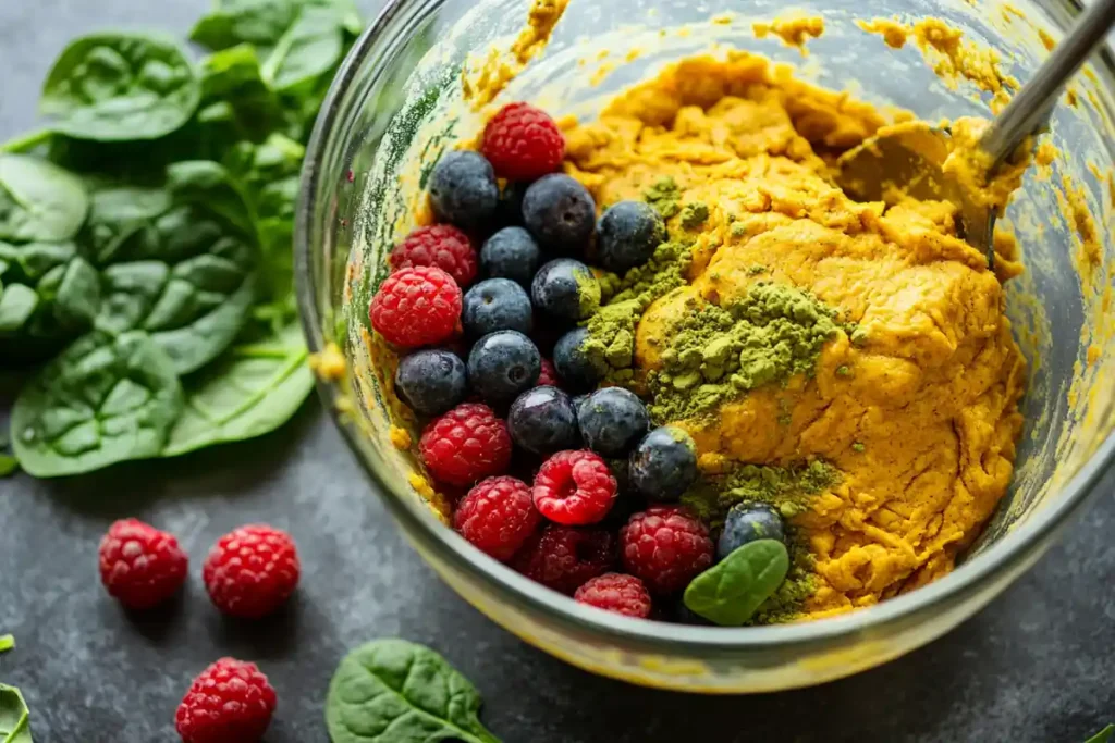 Mixing bowl with colorful cookie dough made from natural ingredients like beetroot, turmeric, and matcha powder.