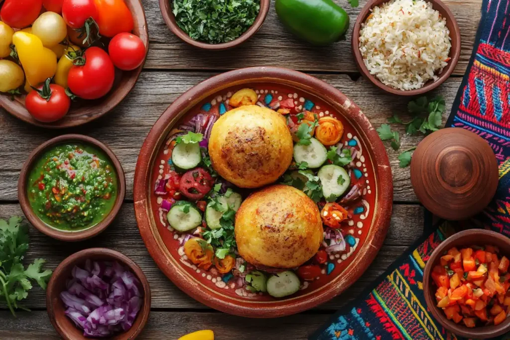 Papa rellena with salsa criolla and vegetables