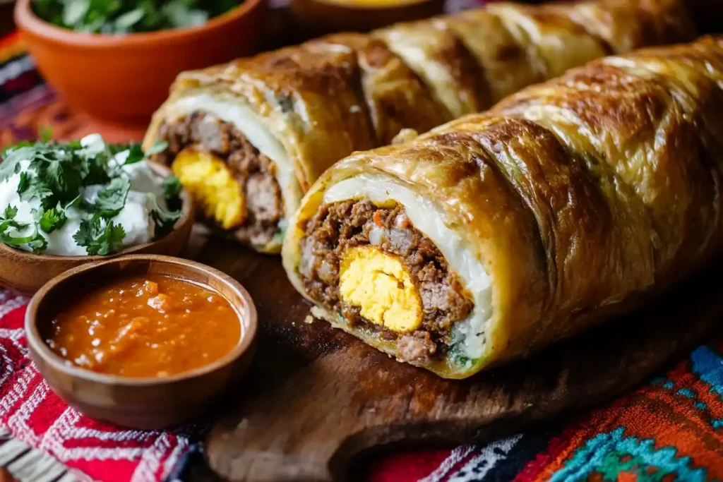 Papa rellena cross-section with salsa criolla and ají verde