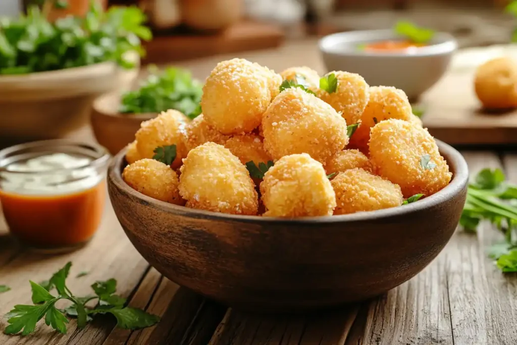 Golden crispy papas chips pobres in a rustic bowl with dipping sauces.