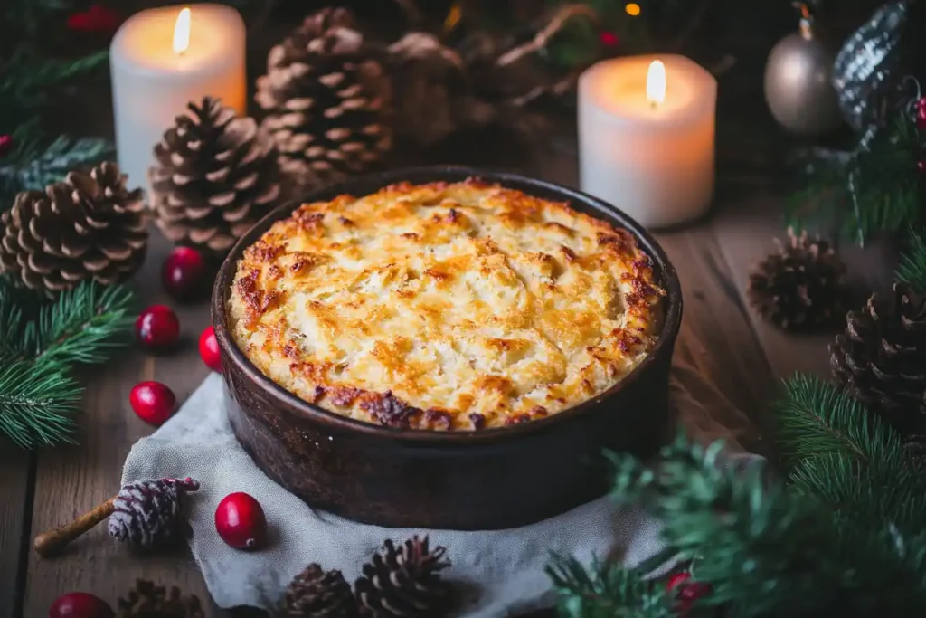 Golden-brown stuffing in a ceramic dish surrounded by holiday decor.