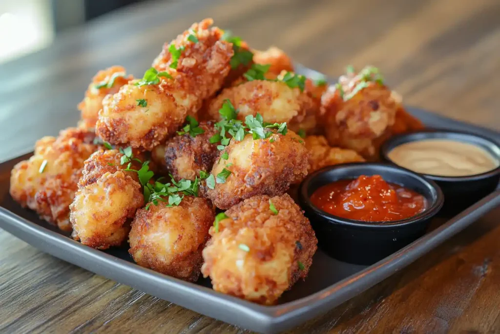 Golden crispy chicken with parsley and dipping sauce