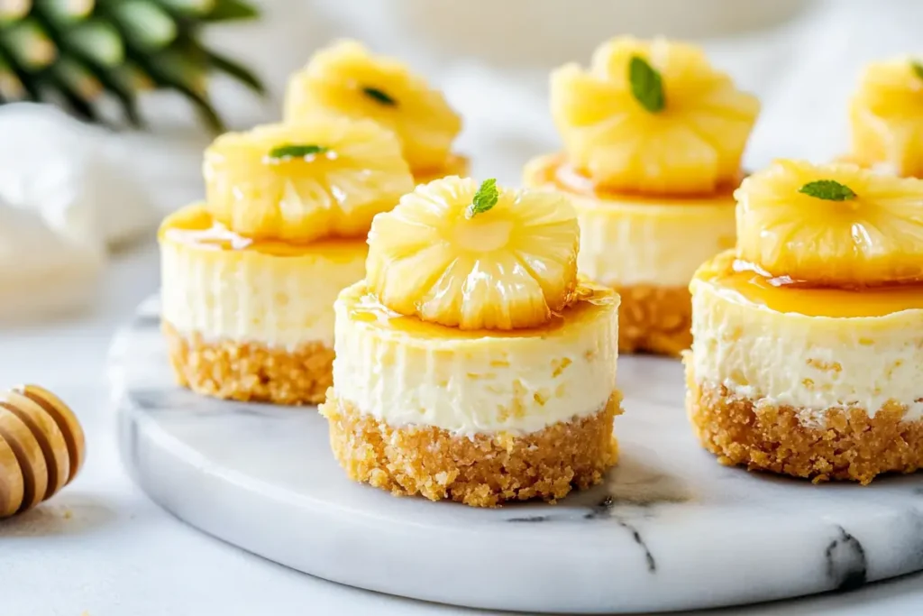 Mini cheesecakes topped with pineapple slices and honey.