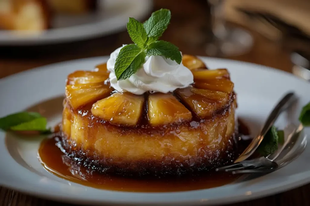 Pineapple upside-down cake with caramelized pineapple slices.