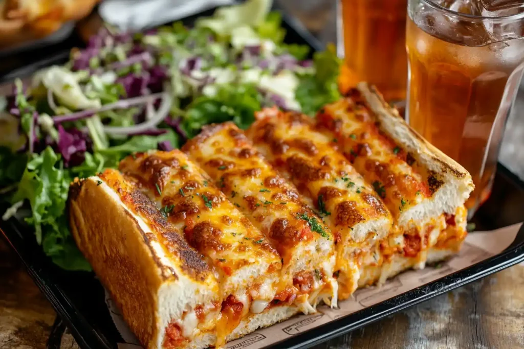 Pizza Sub Melt with a side salad and iced tea on a tray.