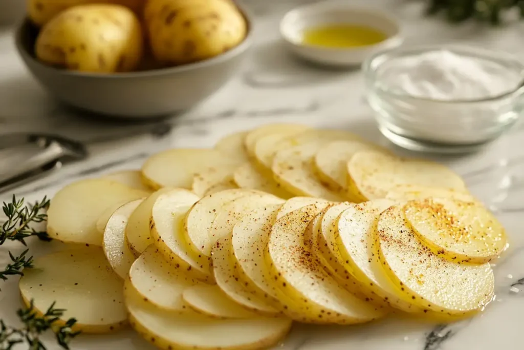 Thinly sliced potatoes being seasoned for papas chips pobres.