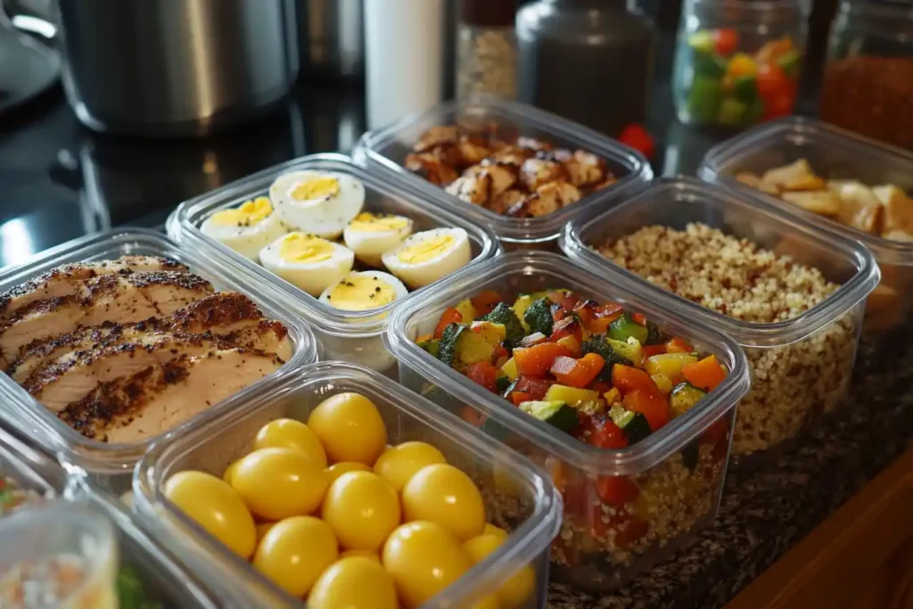 Meal-prepped protein breakfast bowls with quinoa and chicken.