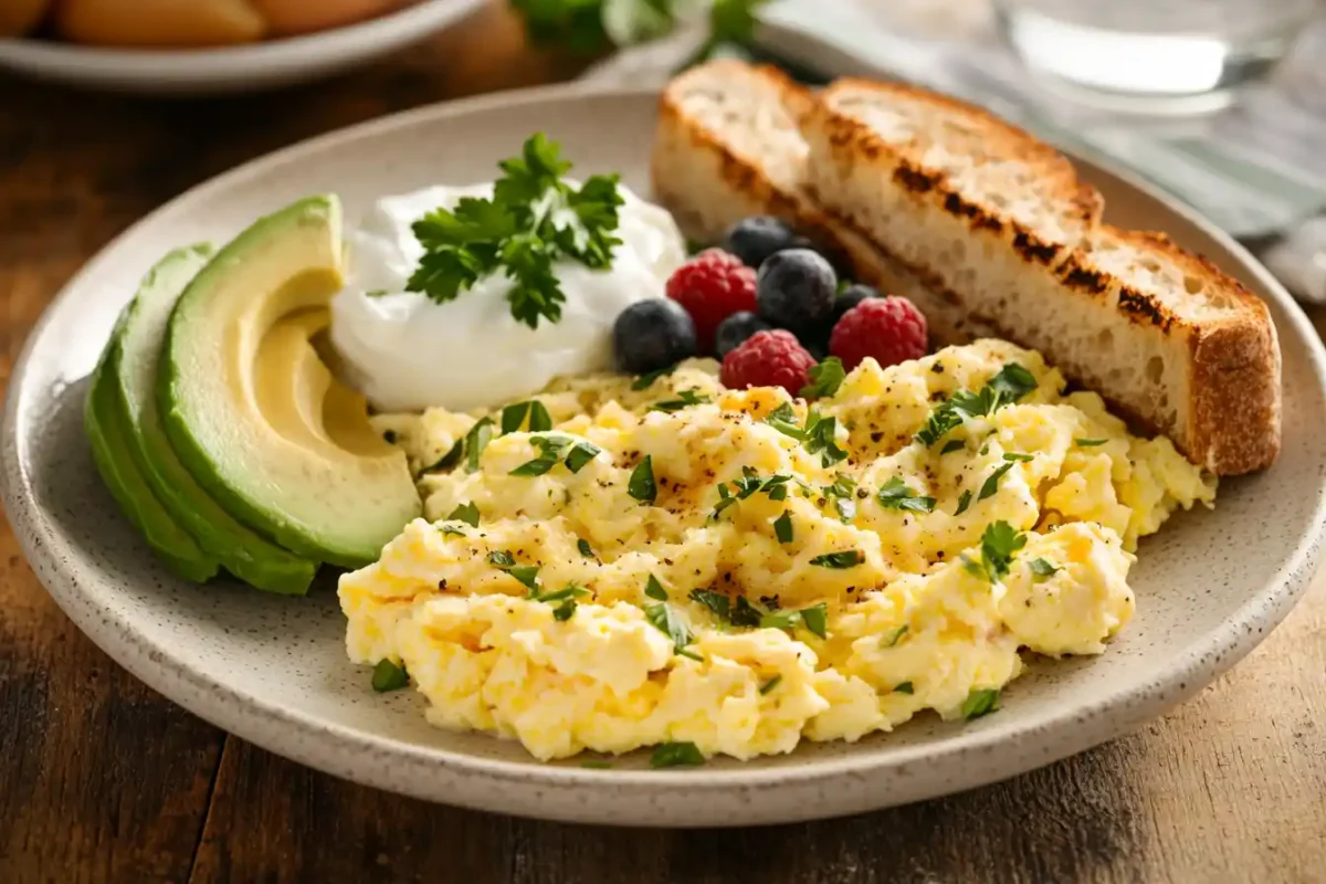 Scrambled eggs with avocado, toast, yogurt, and berries.