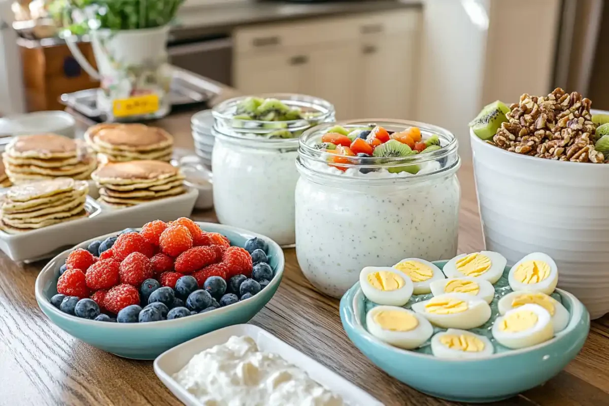 High-protein breakfast spread with eggs, yogurt, pancakes, and fruit.