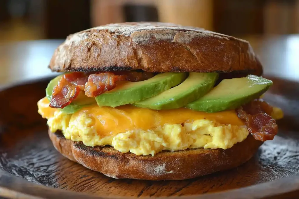 High protein breakfast sandwich with turkey bacon and eggs.