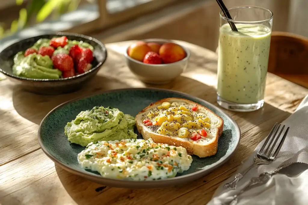 High-protein breakfast with eggs, avocado toast, and smoothie