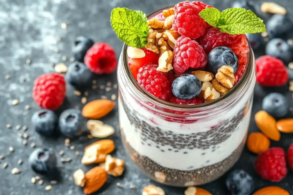 Close-up of overnight oats with protein-rich toppings.