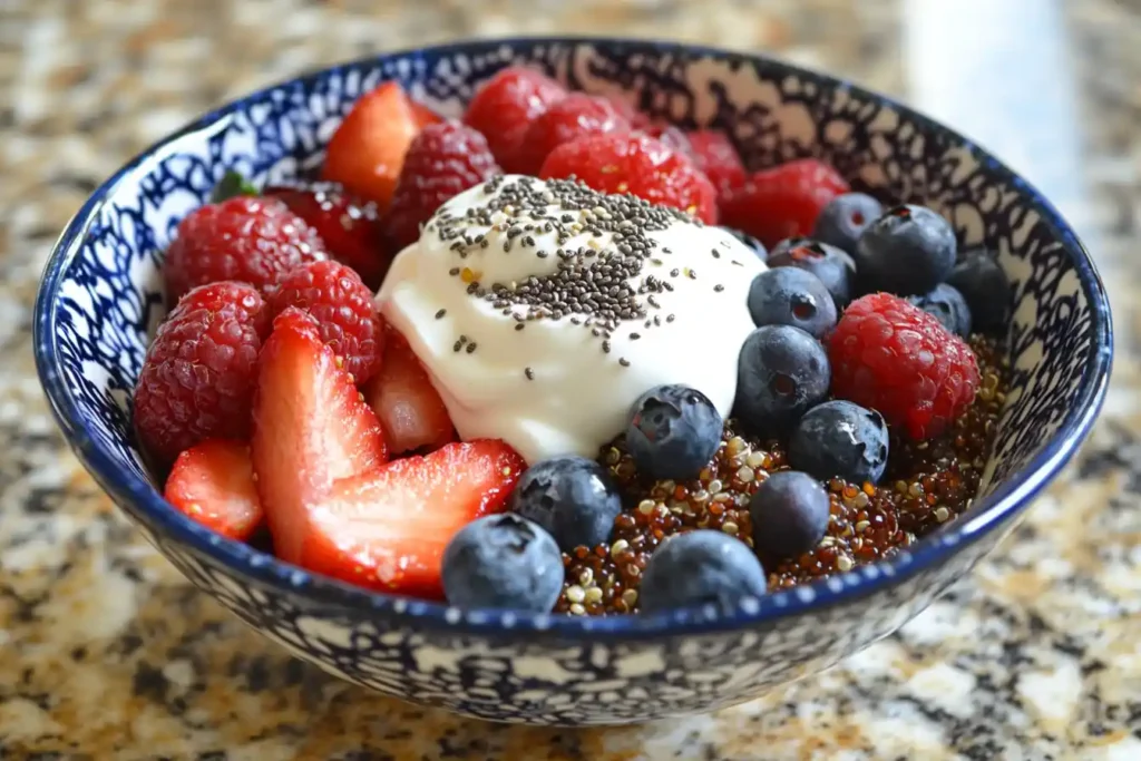 Quinoa breakfast bowl with Greek yogurt, berries, and chia seeds.