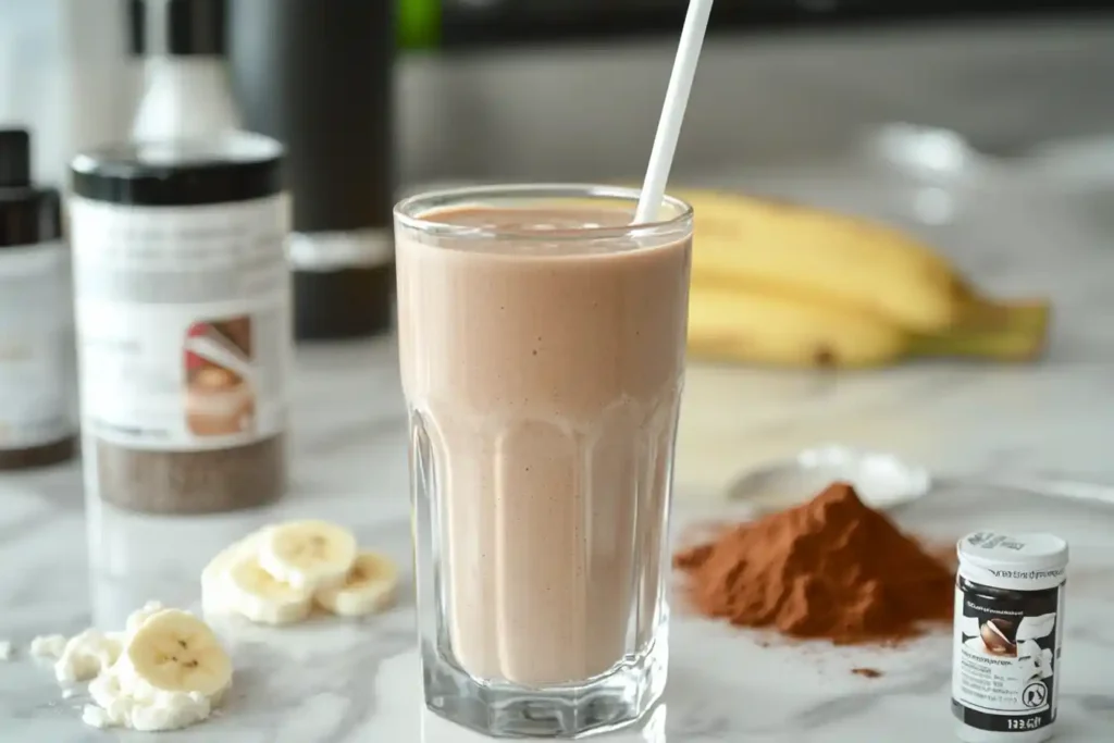 Protein shake with banana, almond butter, and protein powder.