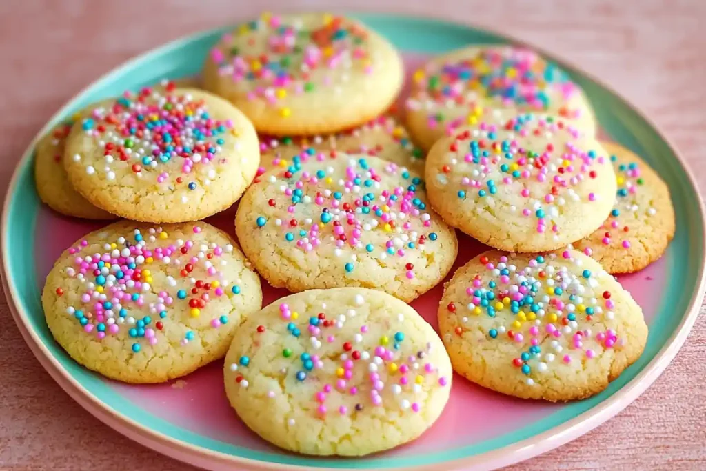 Festive plate of rainbow sugar cookies and funfetti cookies with colorful sprinkles.