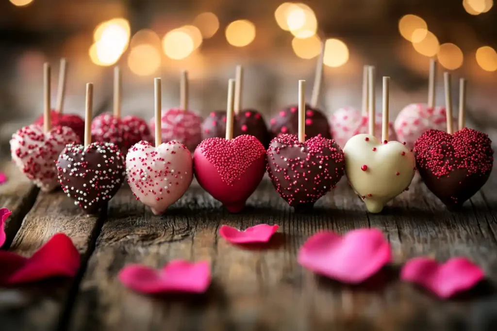 Close-up of dipping a heart-shaped cake pop into pink chocolate.