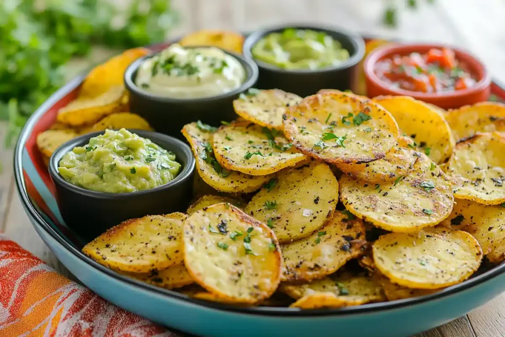 Papas chips pobres served with three dipping sauces.