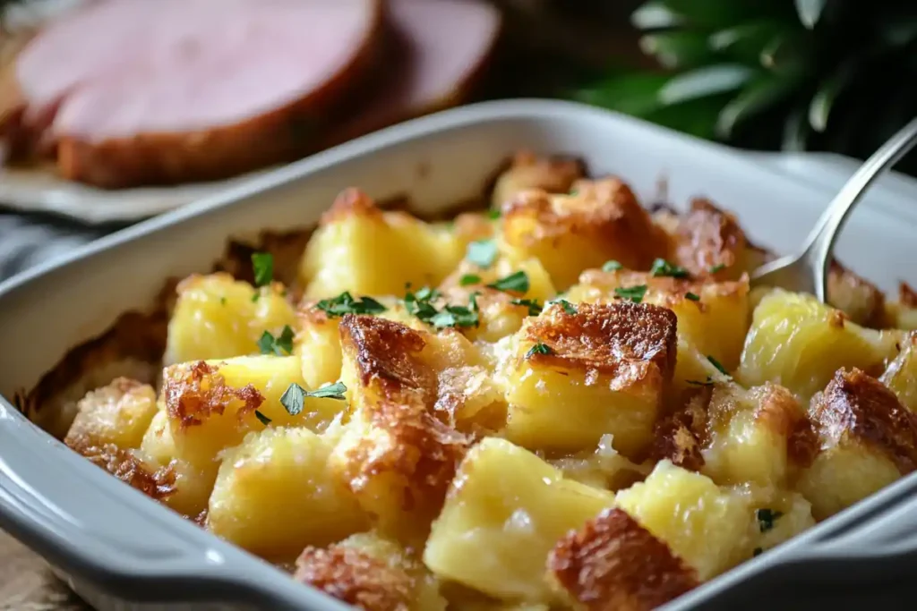 Serving pineapple casserole with crispy top layer and moist interior