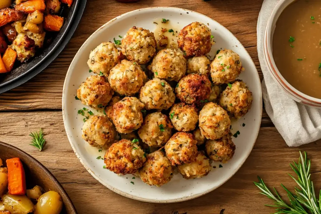 Reheated stuffing balls served with roasted vegetables and gravy on a dinner table.