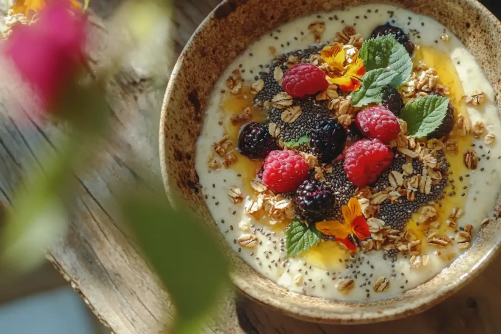 High-protein breakfast smoothie bowl with berries and chia seeds.