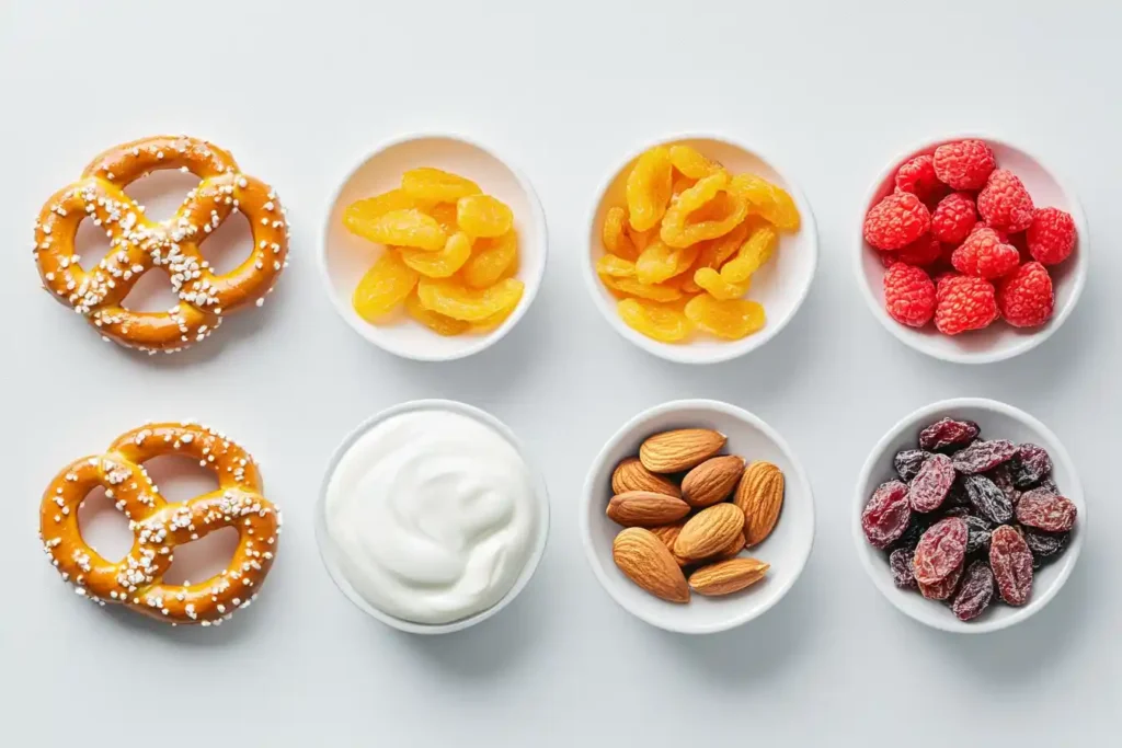 Nutritional infographic comparing yogurt-covered pretzels and healthier snack options.