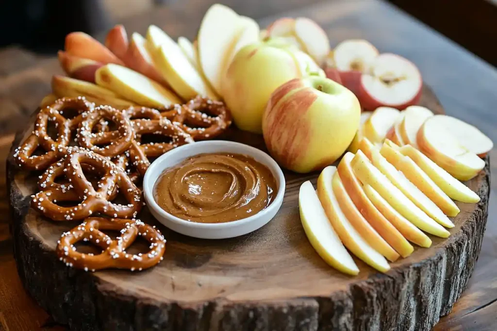 Charcuterie board with brie, pretzels, apple slices, and cookie butter.