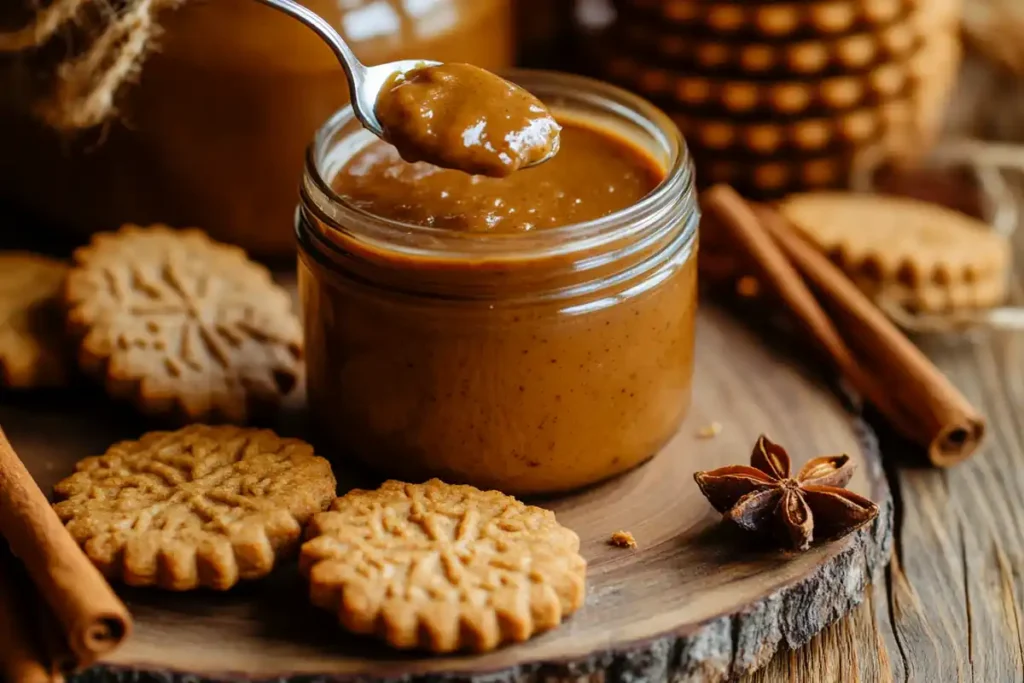 A spoon dipping into a jar of cookie butter with speculoos cookies in the background.