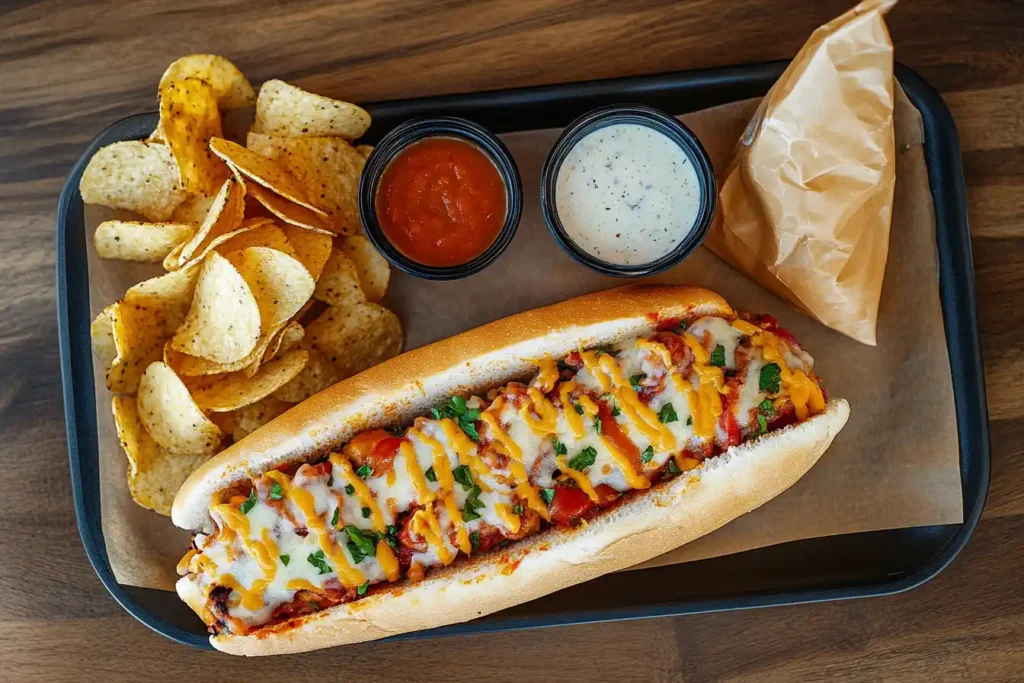 A Subway Pizza Sub meal with chips and a drink.